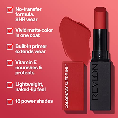 Revlon Lipstick, ColorStay Suede Ink, Built-in Primer, Stocking Stuffer for Women, Waterproof, Smudge-proof, Matte Color, 012 Power Trip, 0.09 oz