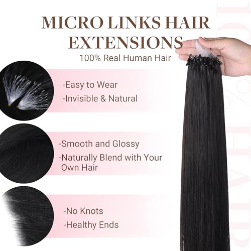 GOO GOO Micro Link Hair Extensions Real Human Hair, Upgraded 100g 100S, 22 Inch Cold Fusion Microlinks, Invisible Remy Hair, Jet Black