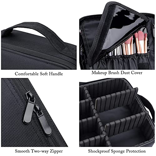 JOURMON Travel Makeup Bag, Large Capacity Cosmetic Train Case for Women Portable Pouch Open Flat Artist Brushes Toiletry Jewelry Digital Organizer Storage Bag with Adjustable Dividers (Black,S)