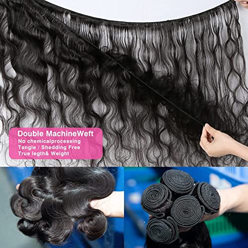 Bundles with Frontal (16 18 20+16, Natural Black) Brazilian Body Wave Human Hair Weaves Bundles with 13 * 4 Lace Front 100% Unprocessed Human Hair Ear To Ear Lace Frontal with Pre-Plucked Baby Hair
