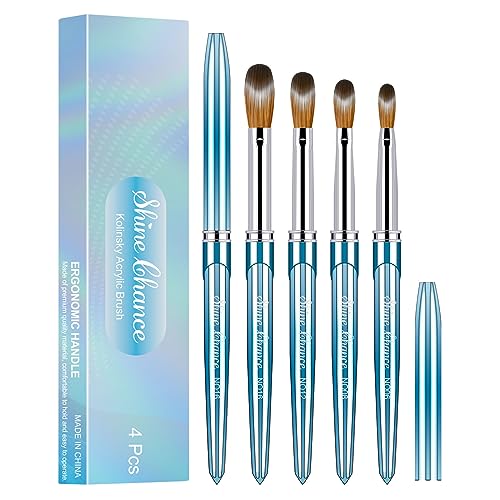 4pc Acrylic Nail Brush Set, Kolinsky Hair Nail Art Brushes, Art Design & Polish Mistake Cleaning Manicure Tools for Women (Sizes 6, 8, 12, 16)