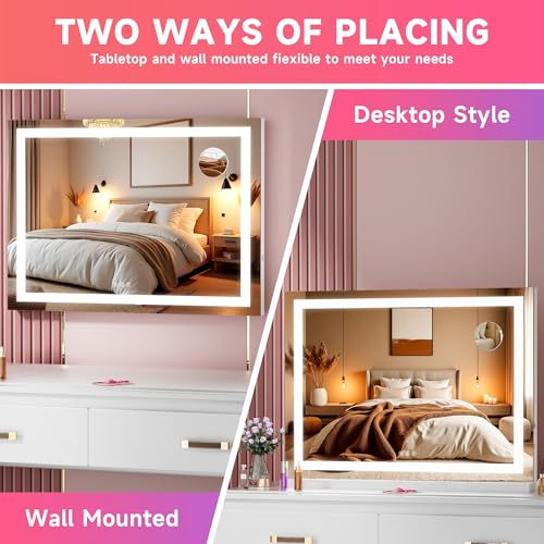 Vanity Mirror with Lights, 32" x 22" LED Makeup Mirror with 10X Magnification, Dimmable 3 Modes, Memory Function, Smart Touch, USB Charging Port, Lighted Makeup Mirror Square White