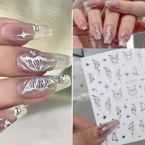 NOOEPC 7 Sheets Metallic Mirror Silver Nail Stickers Art Women 3D Star Nail Stickers Decals for Self-Adhesive CharmsY2k Butterfly Nail Art Stickers