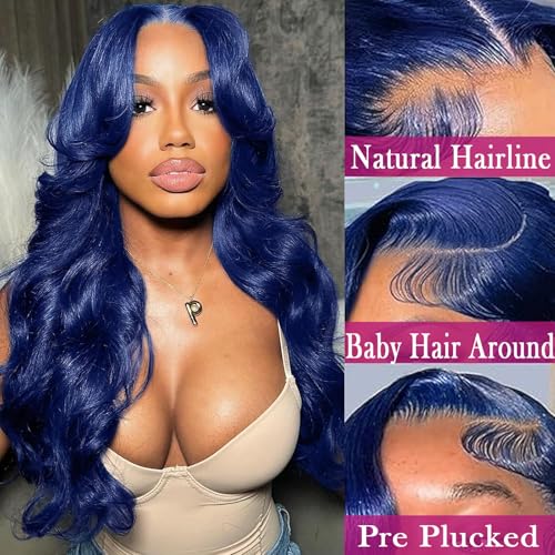28 Inch Royal Blue Lace Front Human Hair 13x6 Lace Front Wigs Dark Blue Body Wave Wigs Pre Plucked with Baby Hair Dark Blue Colored Glueless Wig 200% Density