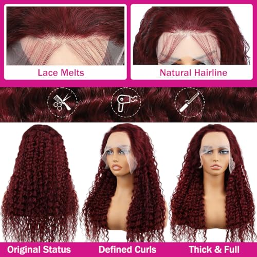 30 Inch Burgundy Wig Human Hair 99j Curly Human Hair Wig 13x6 Deep Wave Lace Front Wigs Human Hair Red Wine Transparent HD Lace Frontal Wig Pre Plucked Curly Human Hair Wig Triple Lifespan