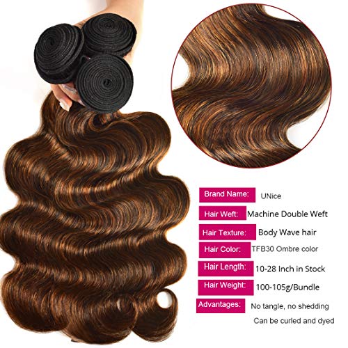 UNICE Brown Highlight Body Wave Human Hair Weave 3 Bundles 16 18 20 inch, Brazilian Remy Ombre Blonde Wavy Sew in Piano Color TFB30