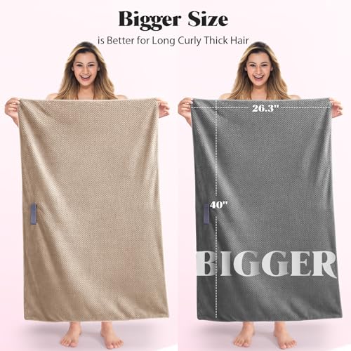 MABAO 2 Pack Microfiber Hair Towel Wrap for Women, Quick Dry Hair Turban Towel with Elastic Band, Microfiber Plopping Towel for Curly Hair, Stocking Stuffers for Women (Gray, Camel)
