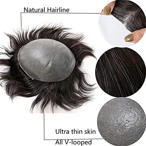 Men¡¯s Toupee Soft Thin Skin 0.06mm PU 10x8inch Hair Replacement for Men's Hairpiece 100% European Human Hair Pieces for Man 1B Black Color Mixed 70% Grey Hair