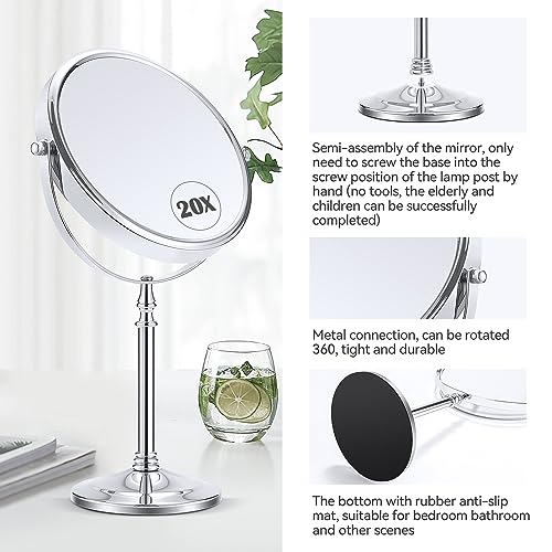 MIYADIVA Magnifying Mirror 20x, Double Sided 1X & 20X Magnifying Mirror on Stand, Large Tabletop Magnified Vanity Mirror, Magnified Mirrors with 360¡ÆRotation for Bathroom or Bedroom,8 Inches