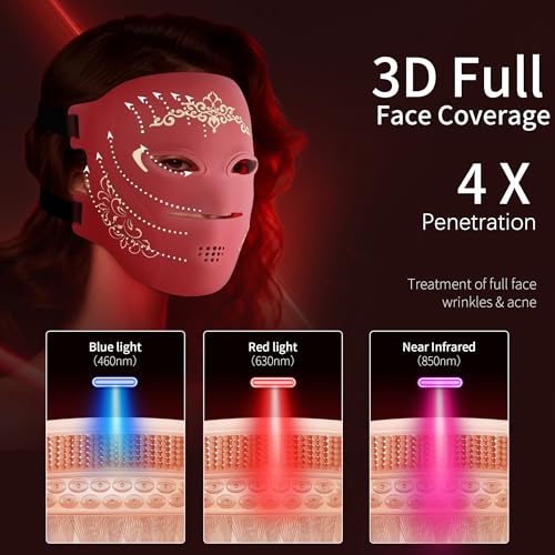 TASNEEM Red Light Therapy for Face, 3D Red Light Therapy Face Mask with 328 LEDs for Full-face Wrinkles & Acne, Red & Blue Infrared LED Light Therapy Mask with 3 Modes, FDA-Cleared, Remote Control