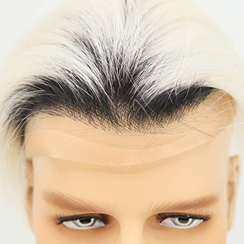 ZigZag Hair Mens Toupee Black Roots Ombre Platinum Blonde 8x10inch Human Hair #60 Color Lace Front Toupee for Men Soft Thin Skin Mens Hair pieces Hair Replacement System Mono with PU around Base (8x10, Ombre #60)