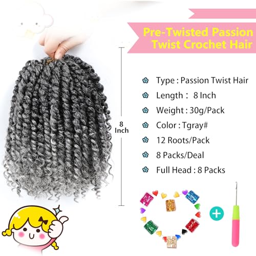 Fulcrum Passion Twist Hair 8 Inch, 8 Packs Passion Twist Crochet Hair for Black Women, Prelooped Crochet Twist Hair with Curly Ends (8Inch, Tgray#)