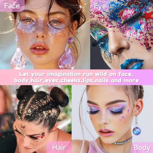 Gold Body Glitter Gel,Face Hair Glitter Makeup,Music Festival Concert Outfit Rave Pride Accessories for Women,Mermaid Sequins Chunky Glitter Face Paint,Hair Glitter Gel for Halloween