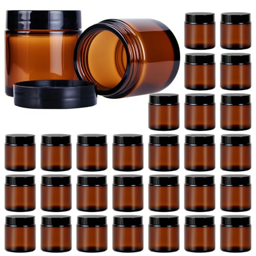 4oz Glass Jars with Lids, Hoa Kinh 30 Pack Amber Empty Cosmetic Containers Round Airtight Glass Jar with Black Lids for Storing Lotions, Powders, and Ointments