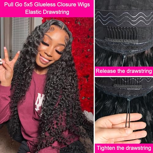 Hidden Strap Deep Wave 5x5 HD Lace Closure Wigs Human Hair Invisible Strap Bleached Konts Glueless Wigs Human Hair Pre Plucked Pre Cut 180% Denisty Deep Wave Closure Wigs with Drawstring 24 inch