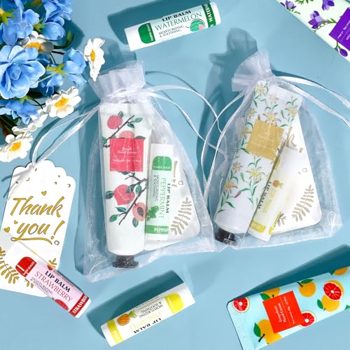 AZEN 24 Sets Bulk Gifts, Hand Cream and Lip Balm Bulk Set with Organza Bag Thank You Card, Baby Shower Wedding Gifts for Guests, Bridal Wedding Favors for Guests, Thank You Gifts for Women