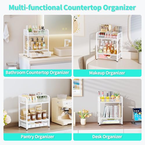 HapiRm Makeup Organizer Countertop with Drawer - Large Capacity Vanity Organizer with Dividers, Bathroom and Bedroom Desk Cosmetic Display Case for Storage Skincare, Makeup Brush, Dresser, Perfume