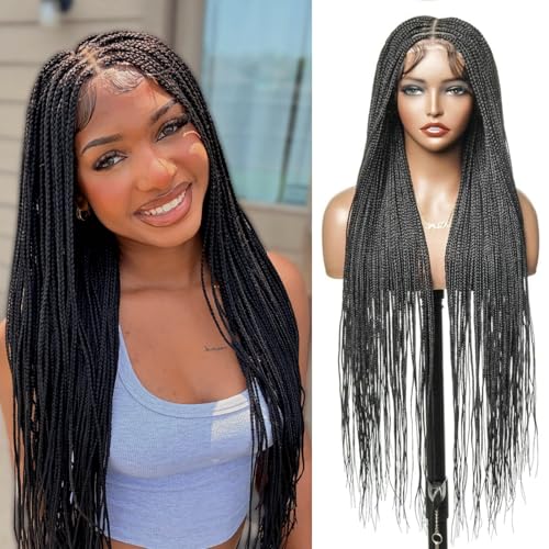 36" Knotless Micro Box Braided Wig for Black Women - 200 Strands Pre Cut Real Swiss HD Full Lace with Human Baby Hair - Black