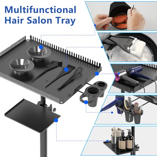 ZHOOGE Hairstylist Rolling Cart, Salon Trolley With Storage Platform and Hair Separator Stand, Coloring Tray With Dye Bowls and Tools, Black
