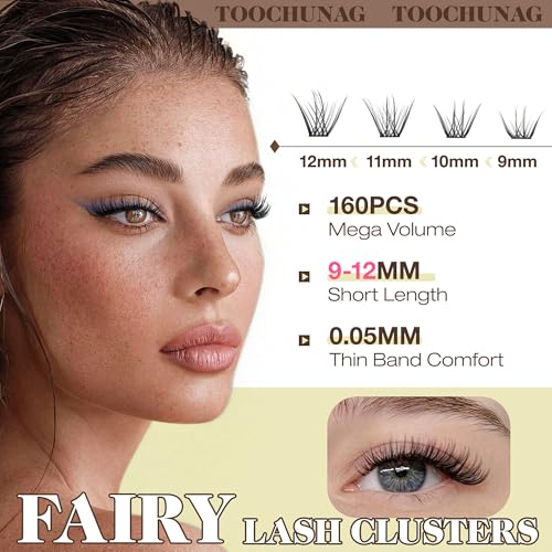 Fairy Lash Clusters 9-12mm Wispy Eyelash Clusters 160pcs Natural Cluster Eyelash Extensions CC Curve Individual Lashes Natural Look Short Thin Band Eyelashes Clusters by TOOCHUNAG