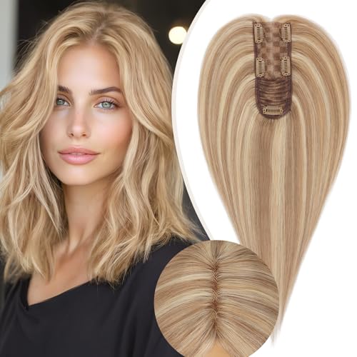 Rich Choices Hair Toppers for Women Real Human Hair 100% Human Remy Toppers for Women with Thinning Clip in NO Bangs Lace Base 150% Density 14 Inch #12P613 Golden Brown Highlight Bleach Blonde