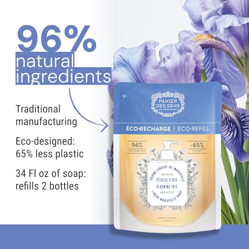 Panier des Sens - Liquid Hand Soap Refills ? Blooming Iris Foaming Hand Soap Refill ? French Coconut Oil Moisturizing Hand Wash - Kitchen & Bathroom Hand Wash- Soft Soap Refill 96% Natural - 34 Floz