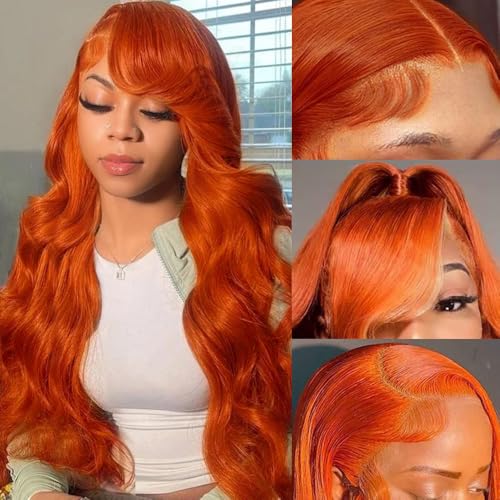 Ginger Lace Front Wigs Human Hair, 13x6 HD Body Wave Ginger Lace Frontal Wigs Human Hair Pre Plucked with Baby Hair,180 Density Glueless 350 Colored Wigs Orange Wig Human Hair for Women 28inch
