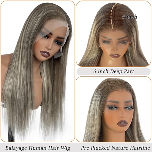 Straight Highlight Blonde 13X6 HD Lace Front Wigs Human Hair for Women 22 Inch Ombre Ash Brown Mixed 613 Bleach Blonde Deep Part Glueless Lace Frontal Wigs 180 Density Pre Plucked with Baby Hair