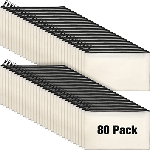 Reginary 80 Pack Canvas Zipper Makeup Bags Bulk Pencil Pouches Blank DIY Craft Canvas Cosmetic Bag Pouch with Zipper for Makeup Cosmetic Toiletry Stationary Storage(Natural and Black Zippers)