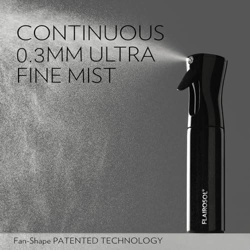FLAIROSOL Spray Bottle for Hair, Continuous Spray Bottle with 0.3MM Ultra Fine Mist, Water Mister for Hairstyling, Cleaning, Plants, Pets, 10.1oz/300ml, Black Bottle, White Print