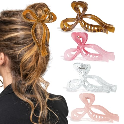 4PCS Large Acrylic Bow Hair Clips for Women, 5" Non-Slip Jelly Color Stylish Clips for Thick Hair