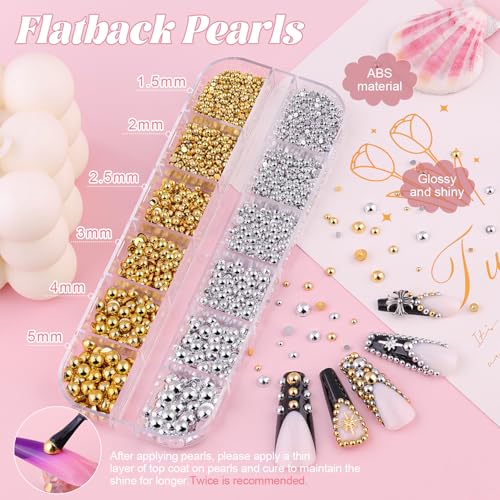 Flatback Pearls and Metal Nail Beads for Nail Art (Silver+Gold), Luxurious Pearl Nail Charms and Small Round Caviar Beads Nail Accessories for Acrylic Nail Tips Manicure Decor