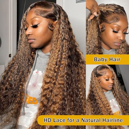 30 Inch Ombre Highlight Lace Front Wig Human Hair 13x4 Deep Wave Lace Front Wigs Human Hair P4/27 Honey Blonde Glueless Lace Front Wigs Pre Plucked HD Transparent Lace Frontal Wig 180% Density