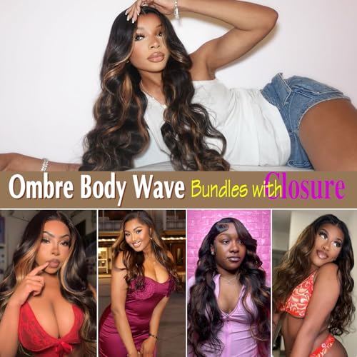 P1B/30 Ombre Brown Highlight Body Wave Bundles with 4x4 HD Lace Closure 20 22 24+20inch 12A Brazilian Human Hair Pre Plucked Natural Black to Blonde Bundles