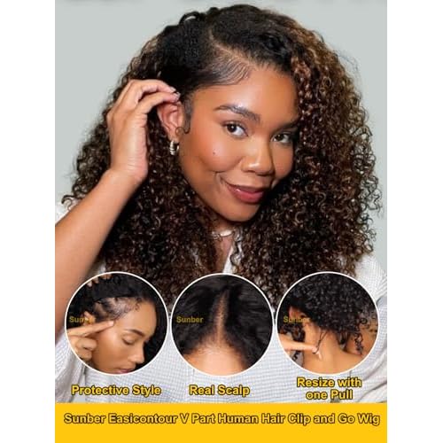 Sunber EasiContour V Part Human Hair Ombre Chestnut Brown Curly Glueless Wig Upgrade Vpart Wigs No Leave Out No Gel 180% Density V Shape Clip Wigs No Sew in Ready to Go Beginner Friendly 20Inch