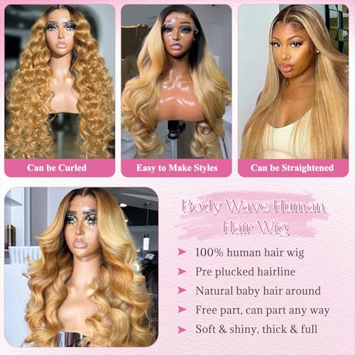 Body Wave Natural Black to Honey Blonde Lace Front Wigs Human Hair Pre Plucked 32 Inch 1B27 Curly Wave Free Part 13x4 HD Transparent Lace Frontal Glueless Wigs Human Hair for Black Women Bleached Knot