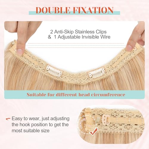 Benehair Halo Blonde Hair Extensions Real Human Hair Halo Extensions for Women 100% Human Hair Invisible Wire Hair Extensions Ash Blonde Highlights Bleach Blonde #18P613 22"