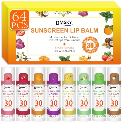 DMSKY SPF Lip Balm Bulk 64 Pack, Sunscreen Lip Balm SPF 30, Broad Spectrum UVA/UVB Protection, Lip Sunblock Bulk Sunscreen Travel Size