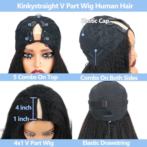 Cheetahbeauty Kinkystraight V Part Wig Human Hair with Elastic Drawstring 18 Inch No Leave Out Lace Front Wigs Upgrade Glueless U Part Wigs 180% Density Yaki Straight Half Wigs for Women Natural Color