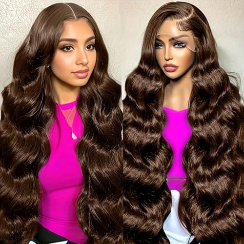 30 Inch Chocolate Brown Lace Front Wig Body Wave Brown Wig Human Hair Pre Plucked for Women 13x6 Brown Glueless Human Hair Wig