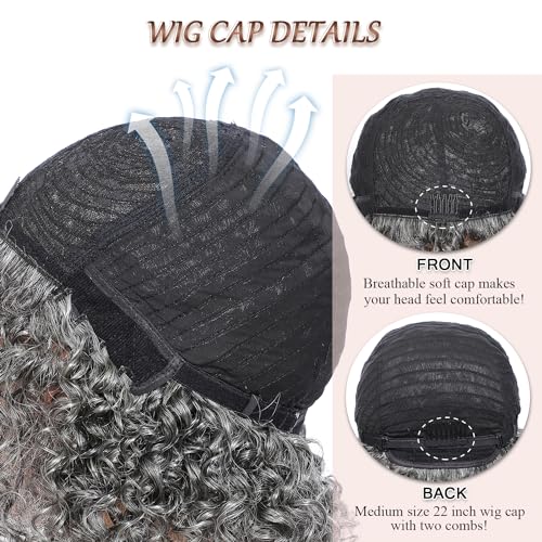 HUA Grey Human Hair Pixie Cut Wigs for Black Women - Mixed 8 Inch Short Salt and Pepper Straight Layered Grey Wigs with Natural Wave