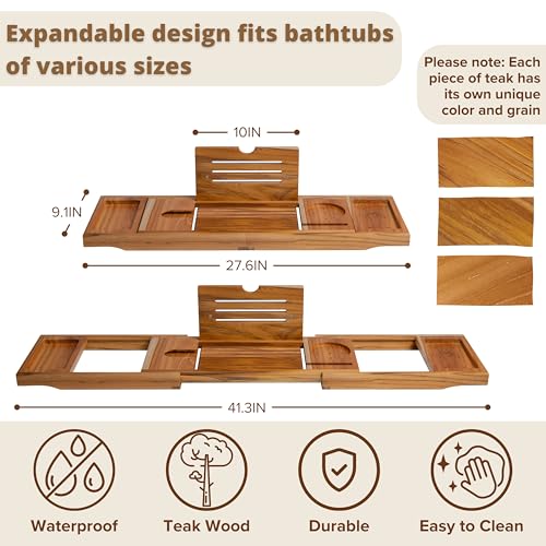 Teak Bathtub Tray, Bathtub Caddy, Expandable Bath Tub Tray Wood, Bath Table Tray&Bathtub Shelf, Luxury Bathtub & Bathroom Accessories and Organizer, House Warming&Wedding Gifts(Large)