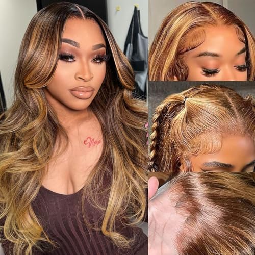 Highlight 360 Lace Front Wigs Human Hair Pre Cut Pre Bleached Pre Plucked Body Wave 360 Full Lace Wigs Human Hair 22Inch for Black Women 180% Density HD Lace Front Wigs Human Hair