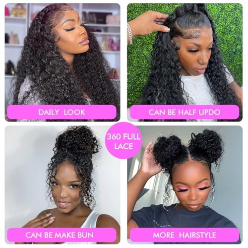 Healthair Hidden Strap 360 Full Lace Front Wigs Human Hair Invisible Strap Pre Plucked Bleached Konts Pre Cut Lace Deep WaveHD Lace Frontal Wig with Drawstring 360 Glueless Wigs(24inch)