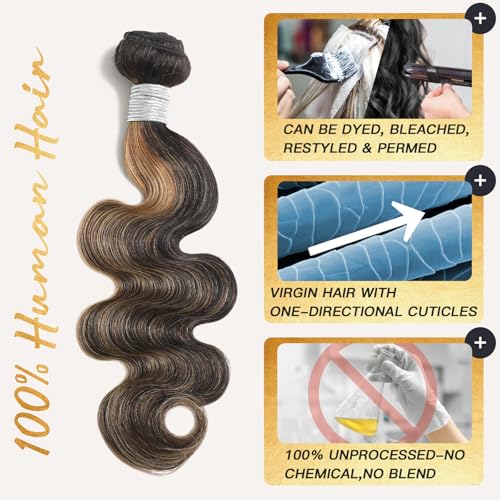 Honey Blonde Bundles Human Hair, Highlighted Black and Blonde Bundles Body Wave Balayage Colored 12A 100% Brazilian Virgin Remy Human Hair 1b/27 Ombre Loose Wavy Sew In Weave 18 20 22 Inch