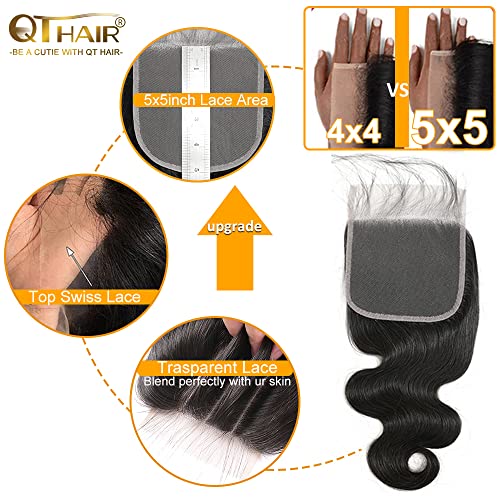 QTHAIR 16A 5x5 Body Wave HD Closure Human Hair Transparent Lace Closure 14inch Top Swiss Lace Closure Brazilian Virgin Hair Body Wave 150% Density Pre Plucked Natural Hairline Baby Hair
