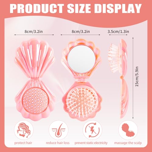 Iridescent Shell Folding Hair Brush with Mirror, Compact Travel Size Mermaid Hair Brush for Purse, Portable Brush Mini Pocket Mirror Massage Comb for Women (PINK)