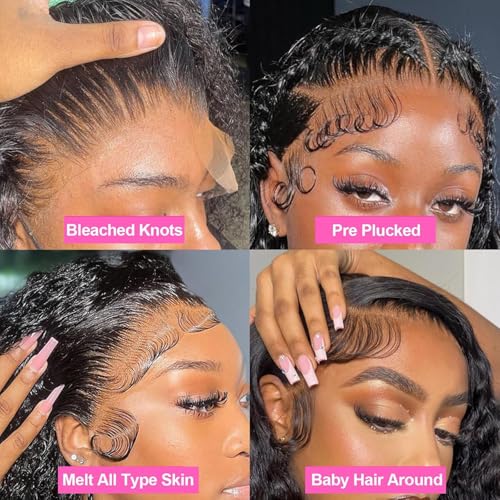 13x6 Deep Wave Lace Front Wigs Human Hair 180% Density Transparent Frontal Lace Wigs Human Hair for Women Deep Curly Glueless Wigs Human Hair Pre Plucked with Baby Hair 32 Inch Natural Black