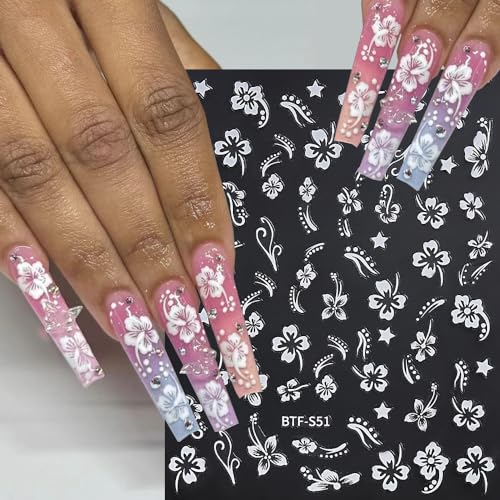 Flower Nail Stickers, Hibiscus Nail Decals 3D Self-Adhesive White Pink Gold Flower Pattern Summer Hibiscus Nail Design Manicure Tropical Accessories for Women Girls(6Sheets)
