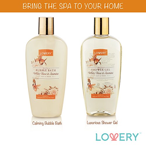 Home Spa Gift Basket - White Rose & Jasmine - Luxurious 11pc Bath & Body Set For Men & Women, Contains Shower Gel, Bubble Bath, Body Lotion, Scrub, Bath Salt, 4 Bath Bombs, Loofah & Basket